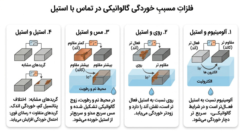 کدام ترکیب فلزات بیشترین خطر خوردگی گالوانیکی را دارد