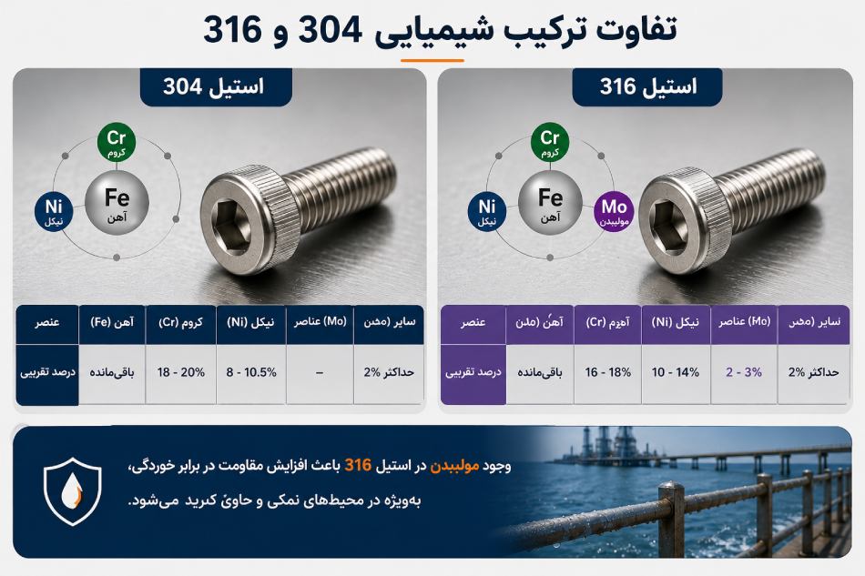 تفاوت ترکیب شیمیایی 304 و 316