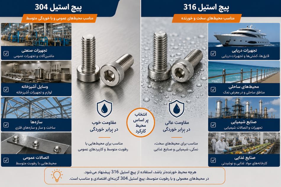 تفاوت کاربرد پیچ 304 و 316